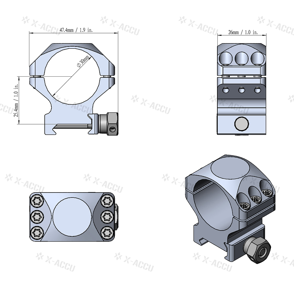 Anillos de Montura Picatinny de Bajo Perfil X-Accu de 30mm 1&quot;
