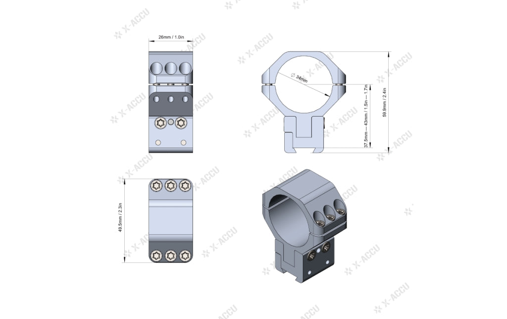 Anillas Dovetail  X-ACCU 34mm Ajustable